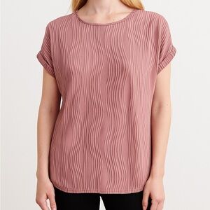 Women's Dusty Rose Pink Textured Wave Pattern Short Sleeve Blouse - Size M